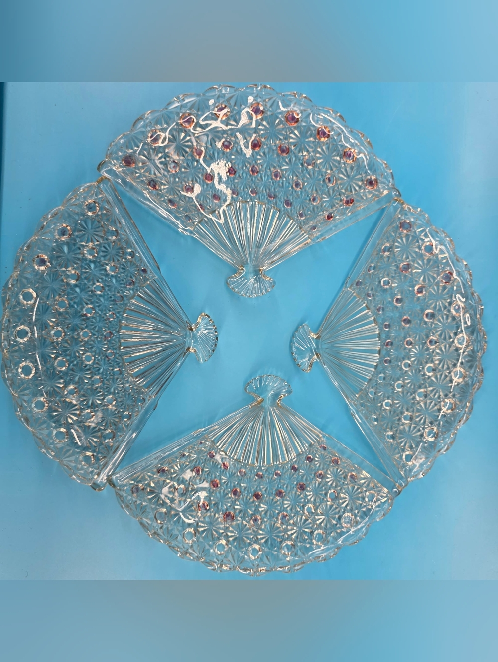 Vintage Fenton Clear Glass Daisy & Button Fan Trays - Set‎ of 4